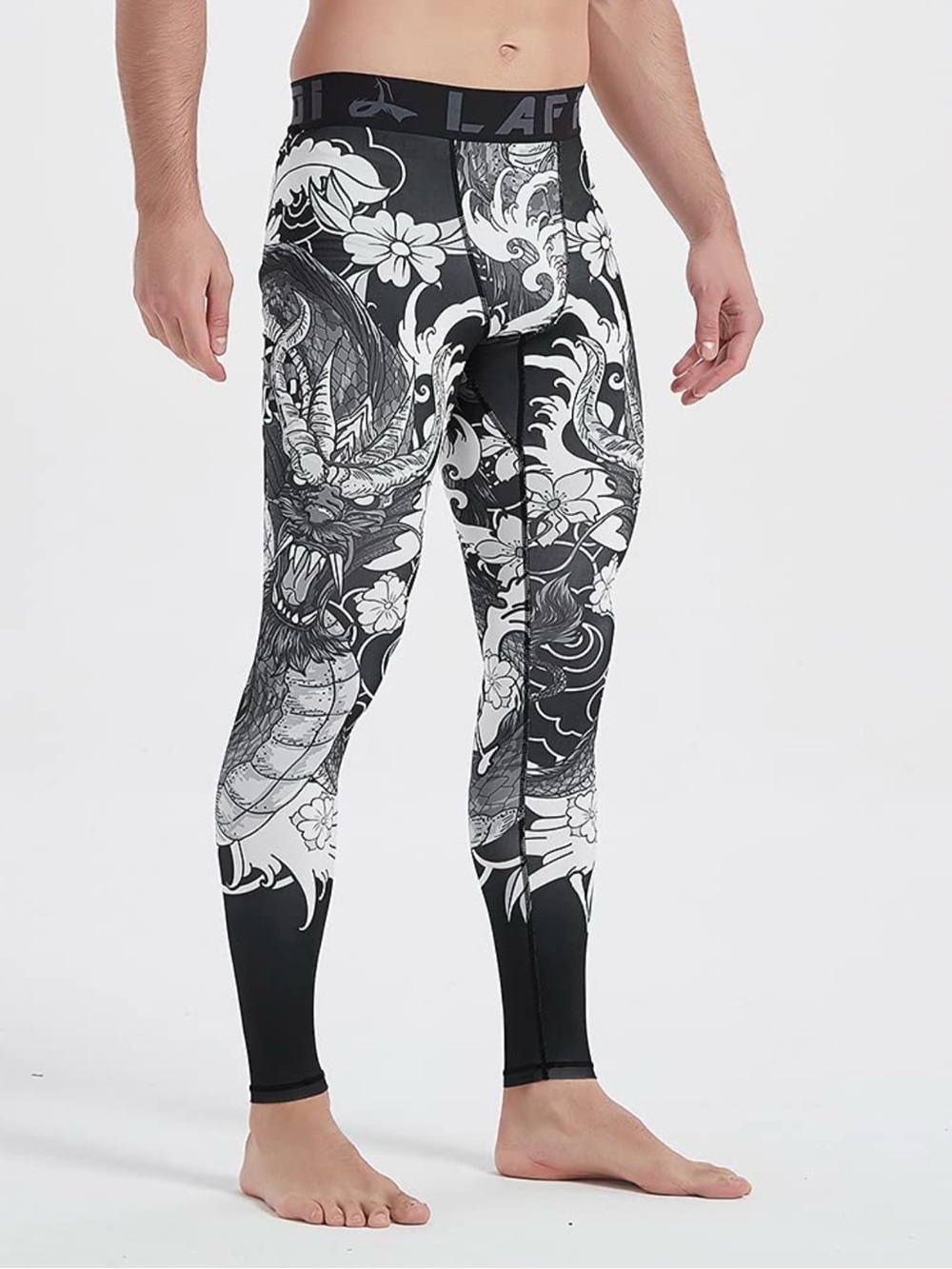 LAFROI Men’s Compression Leggings Dragon Print Black White Athletic Pants Size L